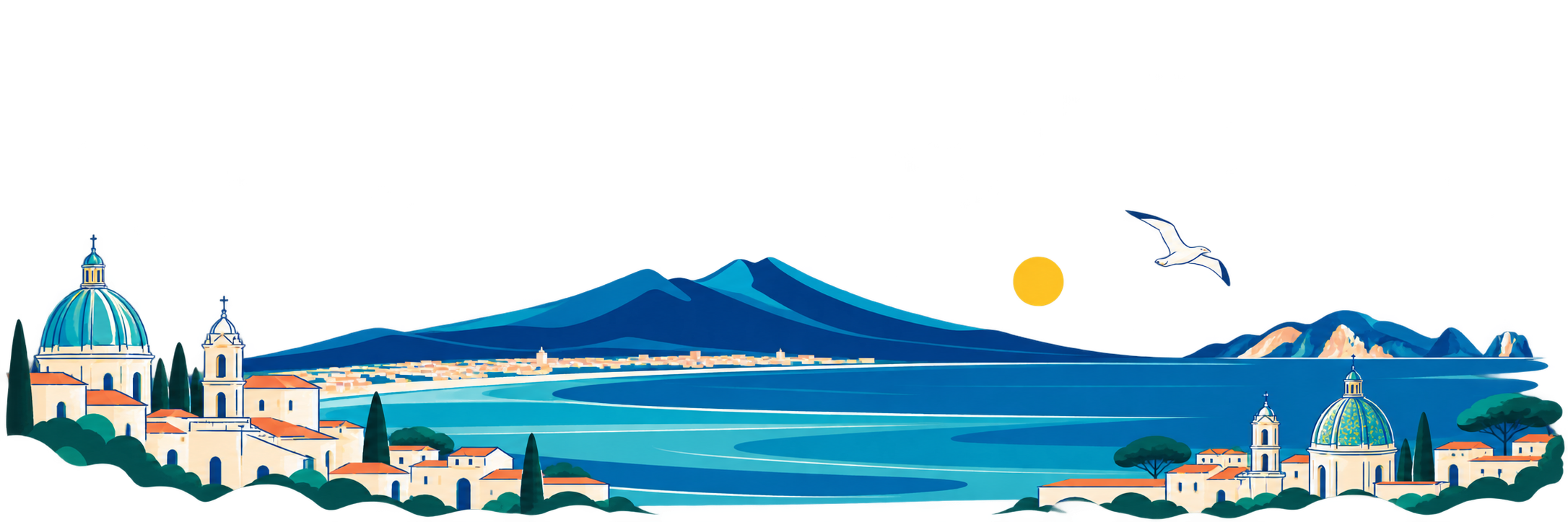 Vesuvio, mare e profilo della città in stile illustrato
